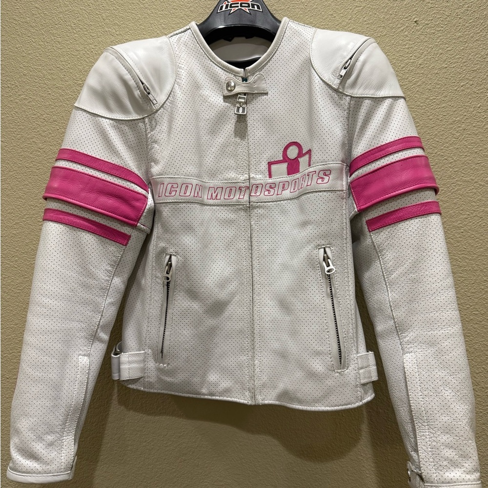 ICON Women's Leather Jacket in White and Pink
